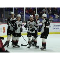 Vancouver Giants huddle up after a goal against the Victoria Royals