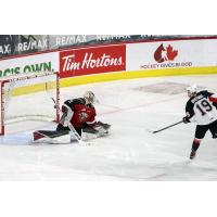 Ethan Browne of the Prince George Cougars hits the post in the shootout against the Vancouver Giants