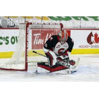 Prince George Cougars goaltender Tyler Brennan makes a stop against the Vancouver Giants