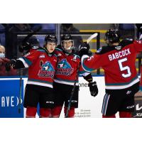 Kelowna Rockets pose after a goal against the Victoria Royals